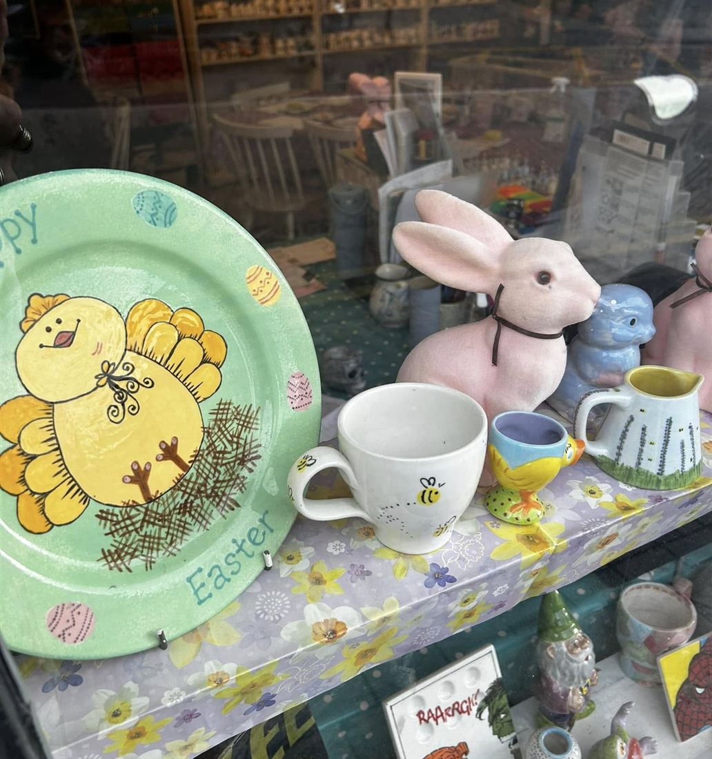 Easter plates and bunnies in the window